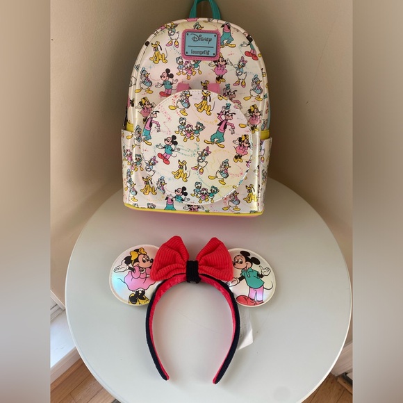 Loungefly Disney100 Mickey & Friends Classic Iridescent Mini Backpack & Headband - Picture 12 of 16